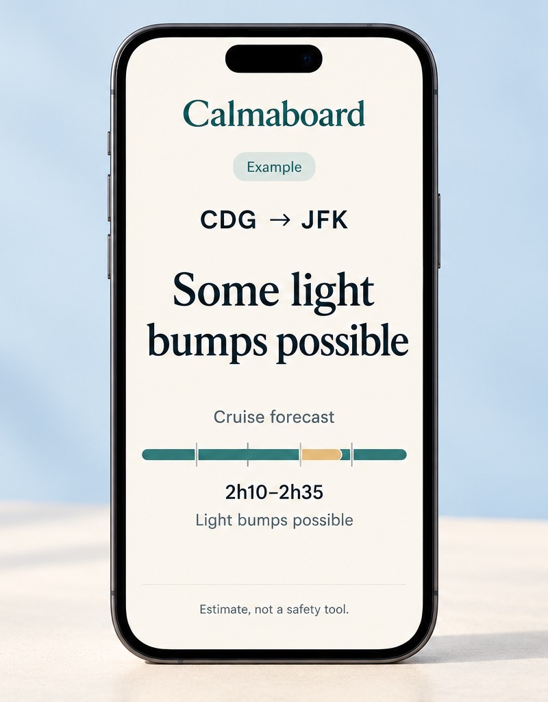 A phone showing an example Calmaboard forecast for Paris CDG to New York JFK: some light bumps possible