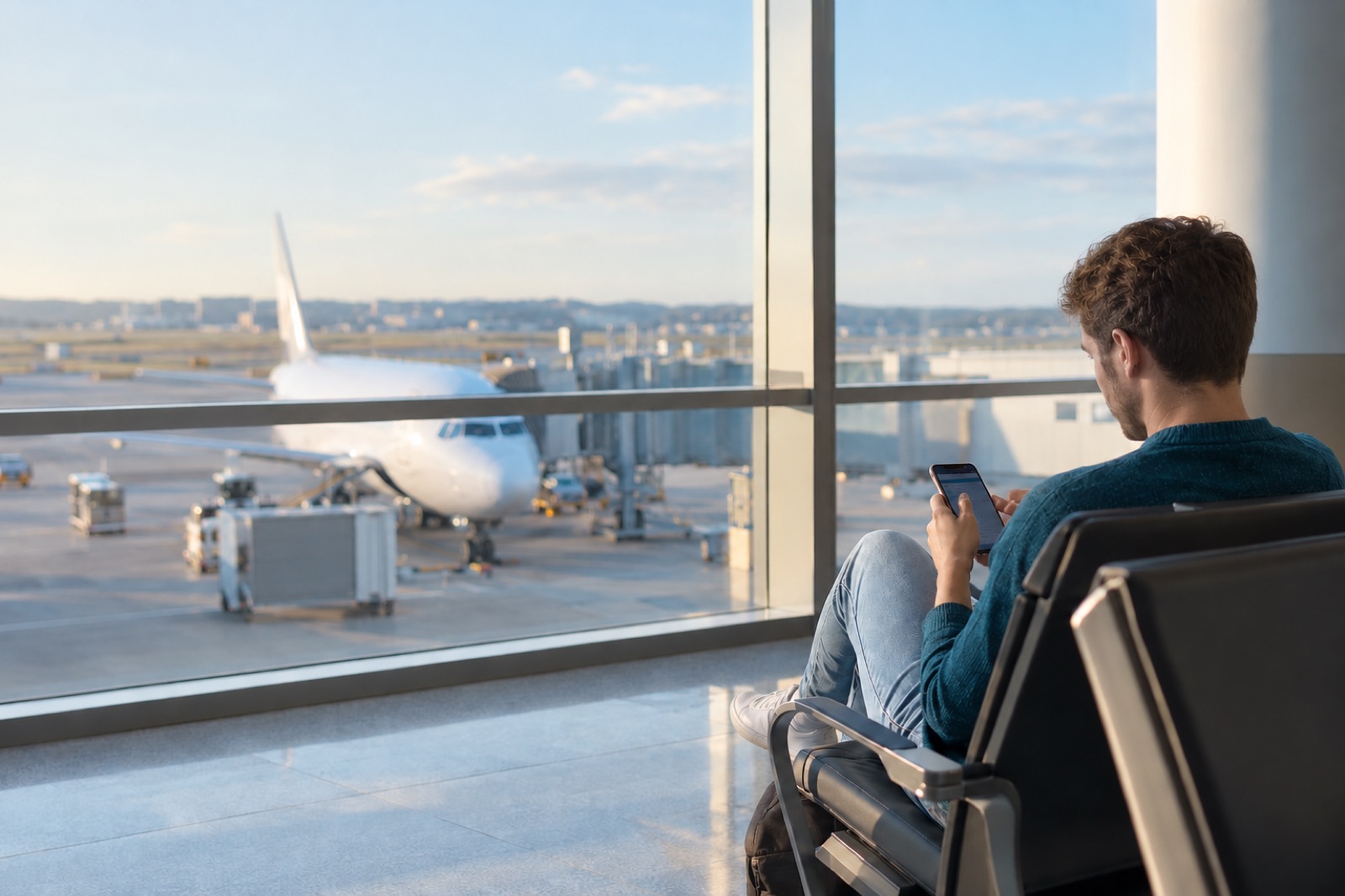 A man waiting at the gate looks at his phone, an airliner parked behind the window