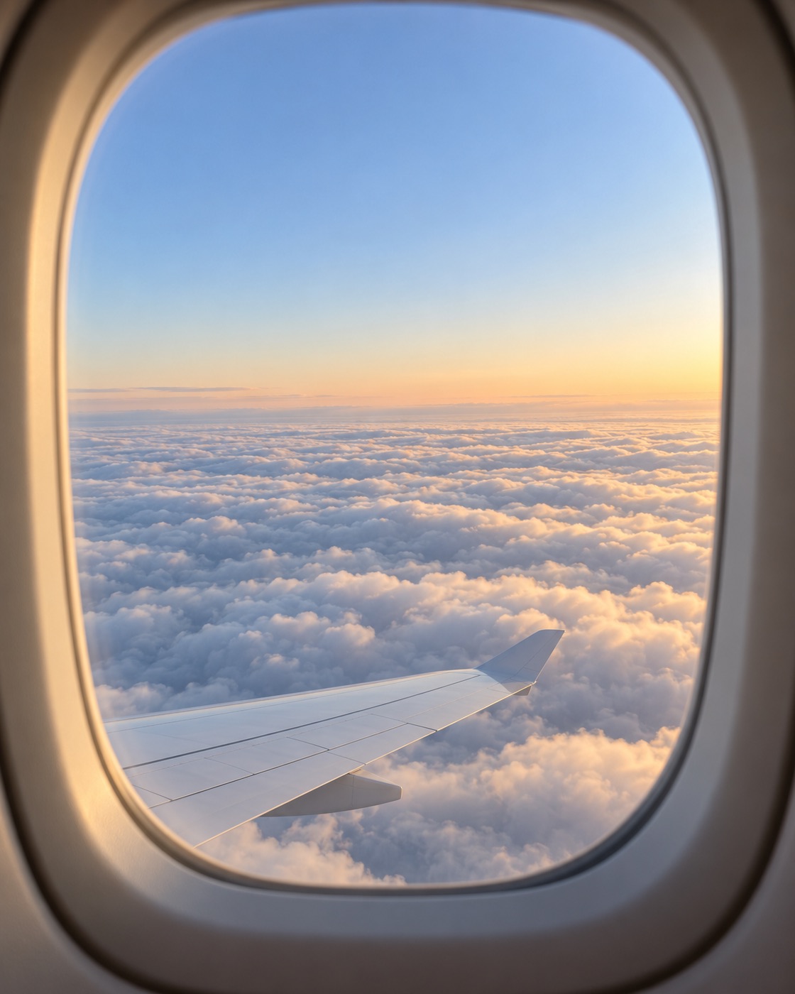 View from a plane window over a sea of clouds at sunrise